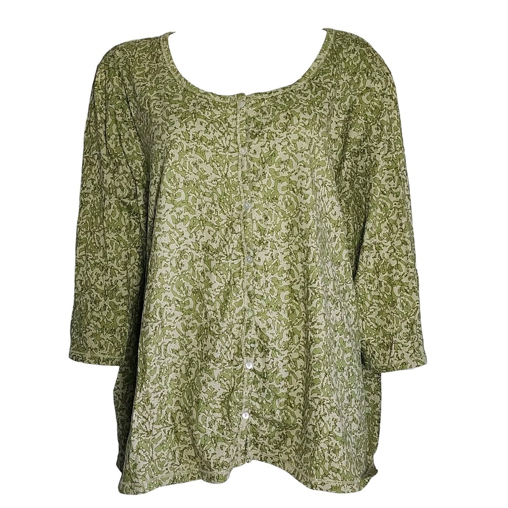 Avenue Top Womens Plus Size 30/32 Green Abstract‎ Button Front Short Sleeve